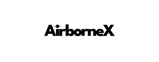 Black and white logo of 'AirborneX', stylized with a sleek modern font. The brand name is emphasized with an airplane tail icon integrated into the letter 'A', representing aviation and flight.