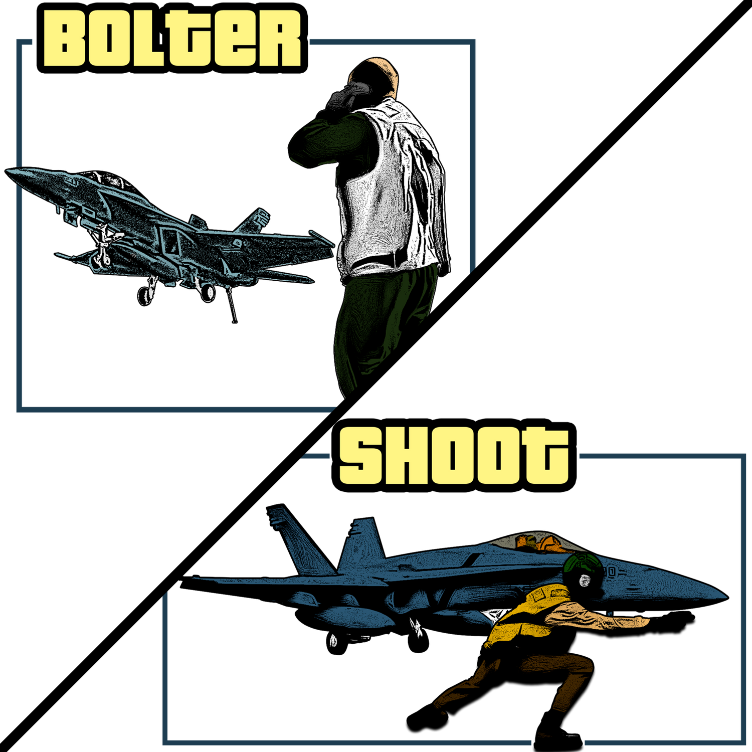 'Bolter' and 'Shoot', paired with stylized images of jet aircraft and figures in action poses.